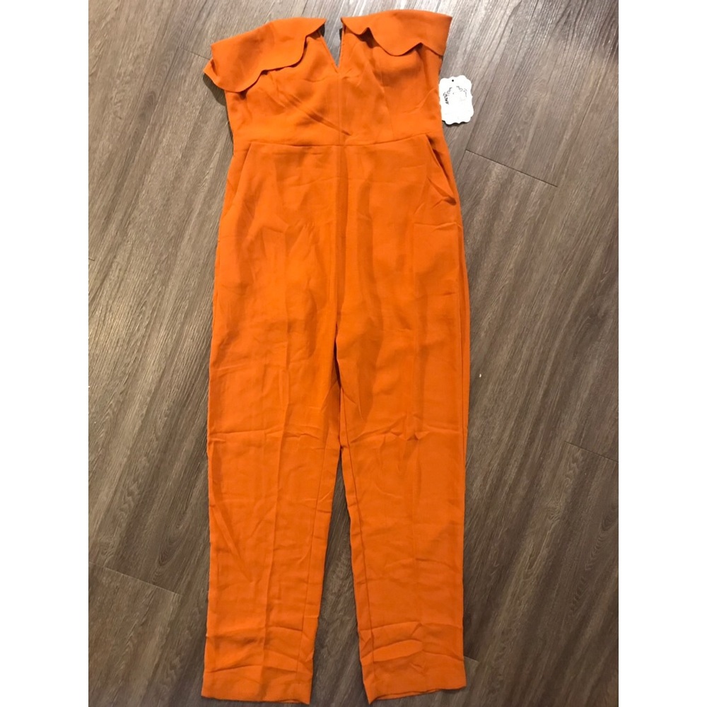 Burnt orange gold strapless jumpsuit - large